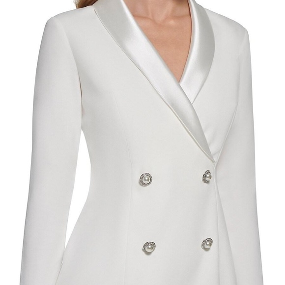 NEW ELIZA J White CREPE Tuxedo BLAZER Satin LAPEL Pearl Button SHEATH DRESS 8 - Picture 3 of 10